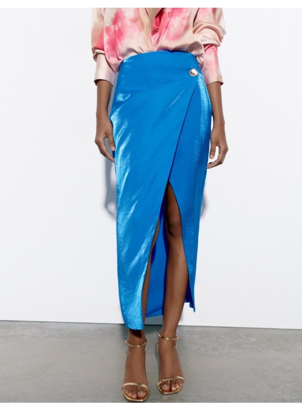 Zara Blue Wrap Maxi Skirt with Front Slit and Gold Button